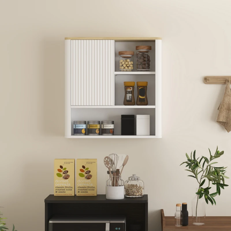 HOMCOM Armadio da Bagno a Parete con Anta Scorrevole, 5 Scomparti e Ripiani Regolabili, 60x20x62 cm, Bianco