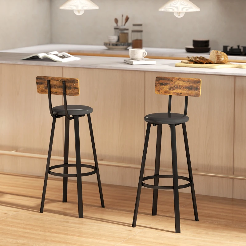 HOMCOM Set 2 Taburetes de Bar Estilo Industrial con Respaldo, Asiento en Piel Sintética y Reposapiés, Marrón Rústico