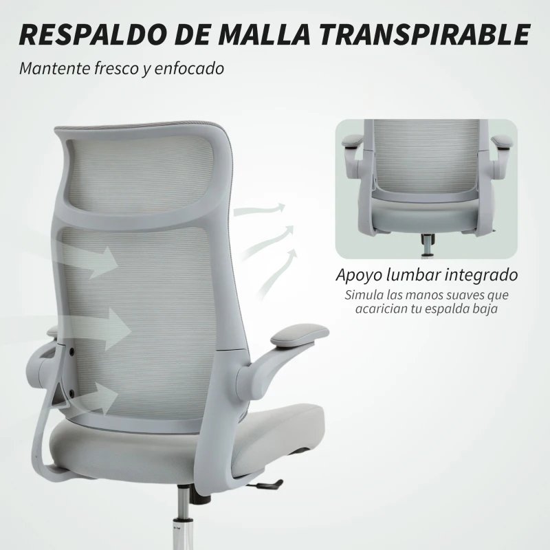 HOMCOM Silla de Oficina Ergonómica Giratoria de Malla con Soporte Lumbar Reposabrazos Abatibles Reposacabezas Basculante Gris