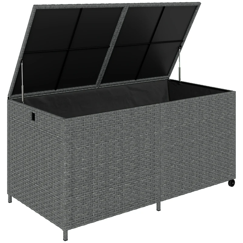 Outsunny Coffre à coussins en rotin 650L résistant aux intempéries résistant aux UV coffre à coussins avec couvercle roulettes espace de rangement 150 x 75 x 74 cm Gris foncé