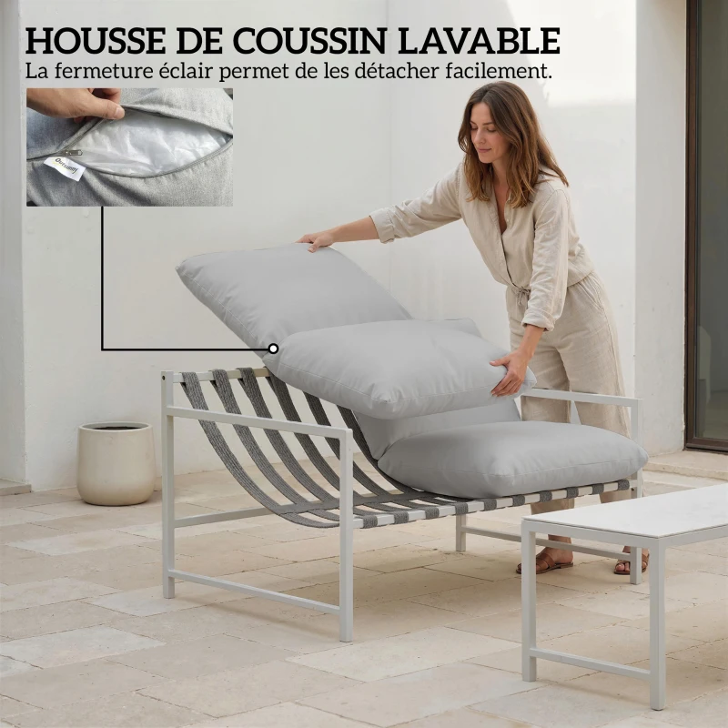 Outsunny Set mobilier de grădină exterior 2 piese, canapea cu perne, masă de cafea cu blat din sticlă securizată marmorat 3D, 125x80x64cm, gri deschis