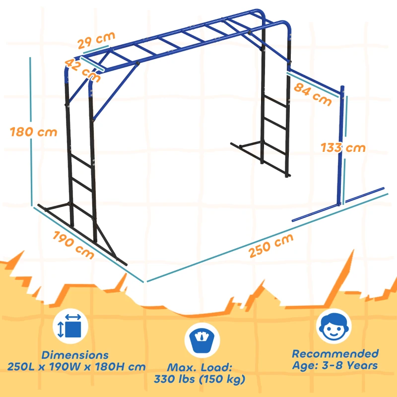 AIYAPLAY Structură de cățărat pentru exterior - turn cu bară de gimnastică și bară pentru tracțiuni pentru copii 3-8 ani până la 150 kg 250x190x180 cm Negru