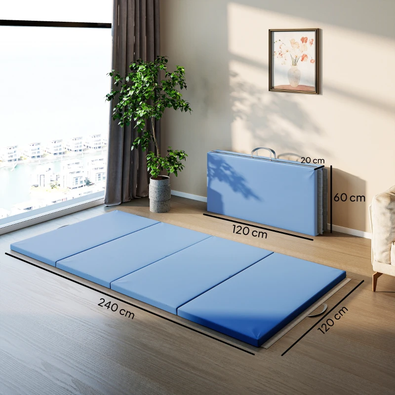 HOMCOM Colchoneta de gimnasia yoga pilates fitness plegable en 4 con asas revestimiento sintético 240 x 120 x 5 cm azul claro