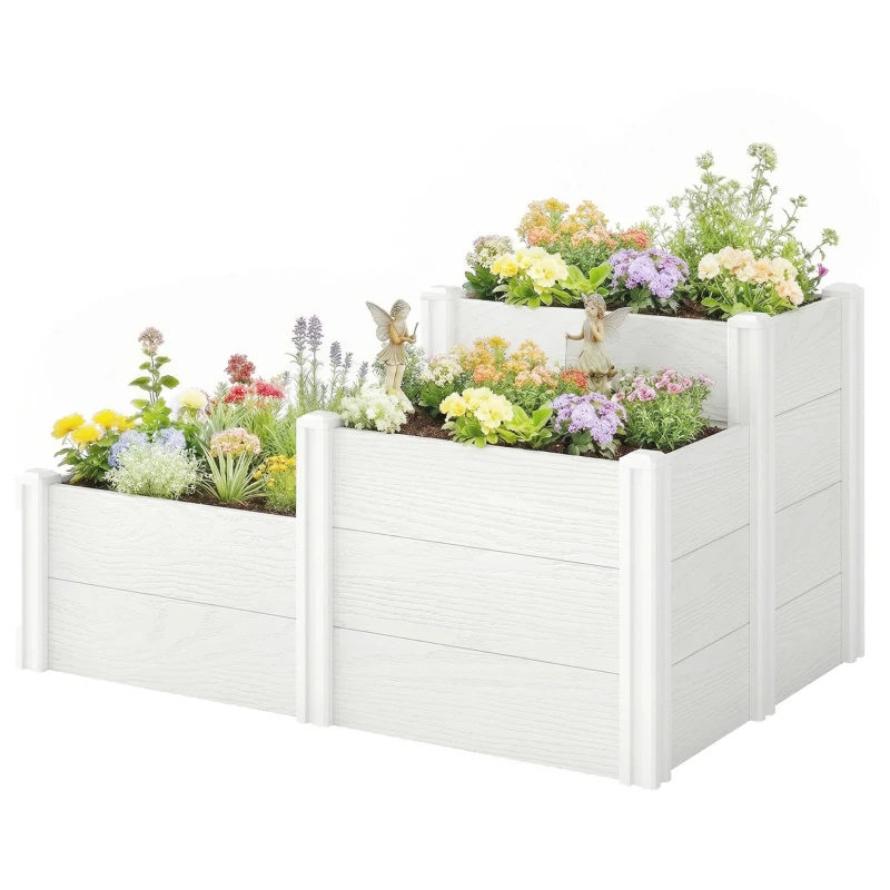 Outsunny Pat de grădină înalt 3 niveluri, stivabil, cu fund deschis, jardiniere modulare montaj DIY din plastic