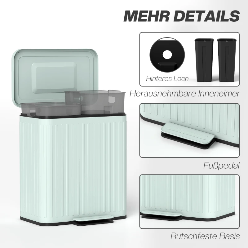 HOMCOM Küchenmülleimer, 2 x 20 L-Fächer, effiziente Mülltrennung, Fußpedal, Kunststoff, Metall, Grün