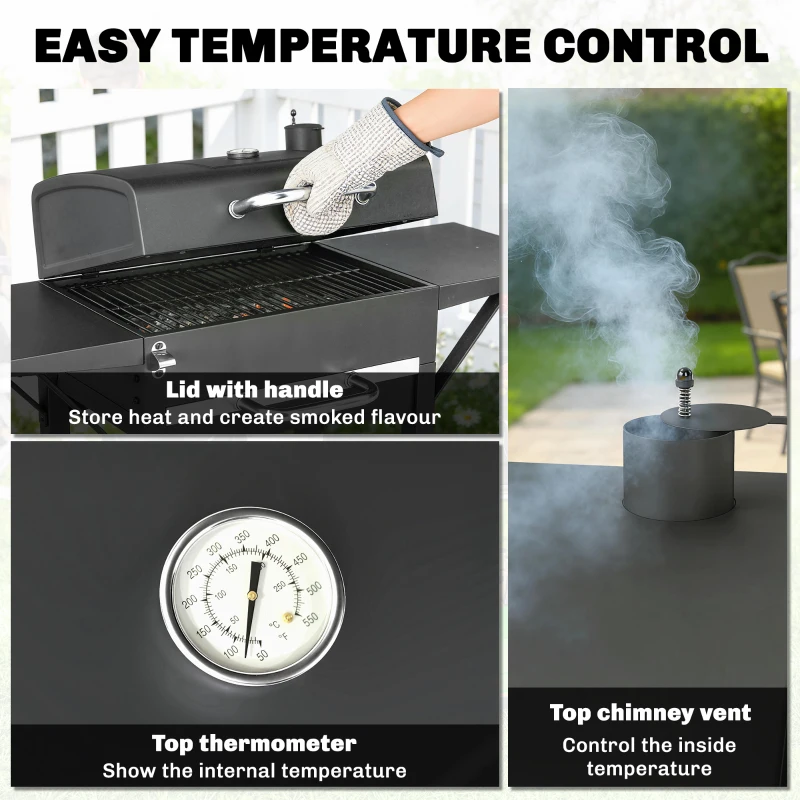 Outsunny Grill węglowy z pokrywą, BBQ Smoker z 2 bocznymi stolikami, dużą powierzchnią grillową, rusztem, termometrem i kółkami