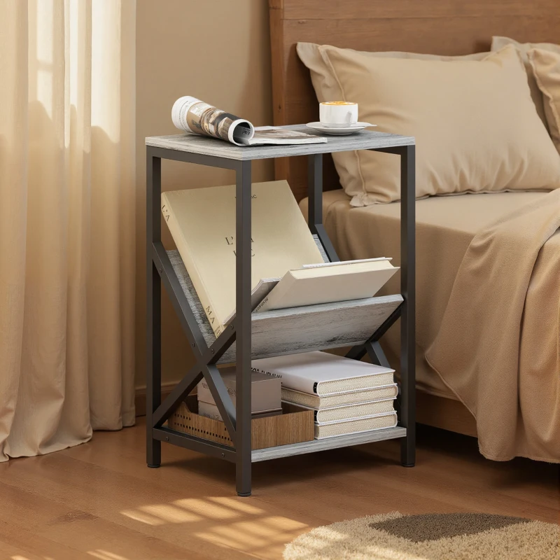 HOMCOM Mesa auxiliar estrecha, mesa de sofá con almacenamiento de 3 niveles, revistero en V, estructura de acero, 40x30x61cm, gris oscuro