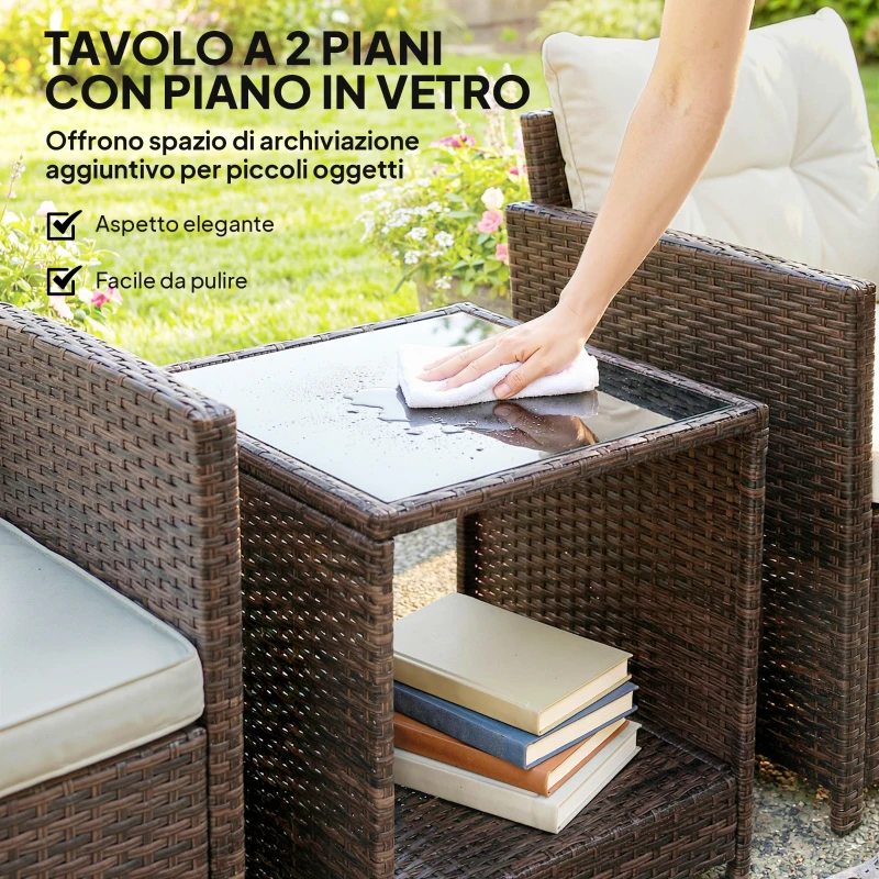 Outsunny Set da Giardino 3pz in Rattan PE e Acciaio con 2 Poltrone con Cuscini e Tavolino da Caffè, Marrone e Crema