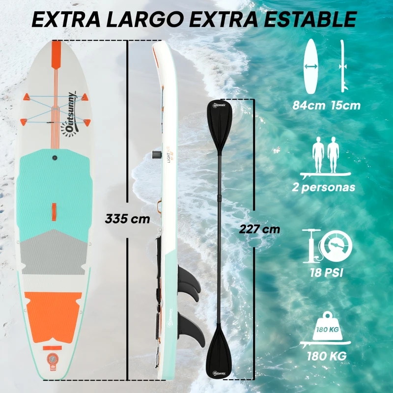 Outsunny Planche de Paddle Surf Gonflable SUP Extra Longue 335 cm avec Siège Pagaie Convertible Ailerons Pompe et Sac de Transport Charge 180 kg