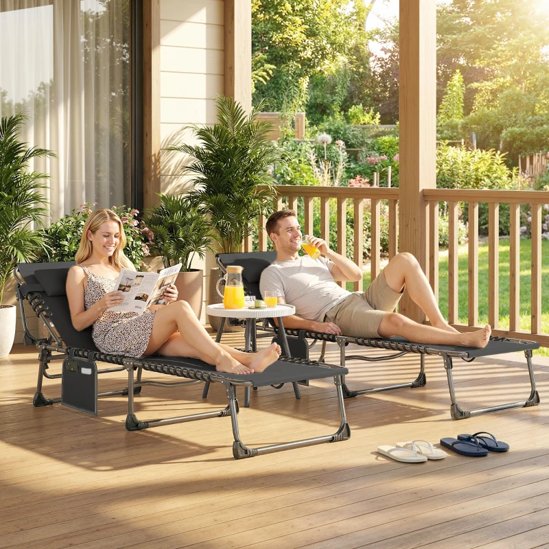 Outsunny Lot de 2 transats de jardin pliables et inclinables sur 5 positions avec coussins, 57x200x38 cm, Noir