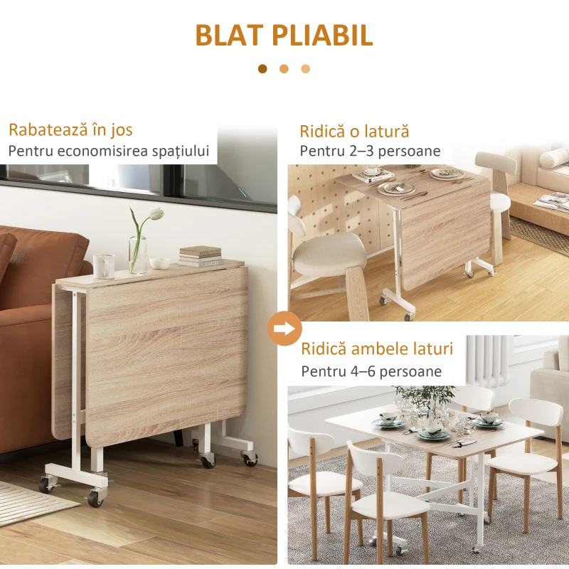 HOMCOM Masa plianta cu foi cu rotile masa de economisire a spatiului pentru living bucatarie din MDF otel maro pentru sufragerie camera de zi dormitor(m-5)