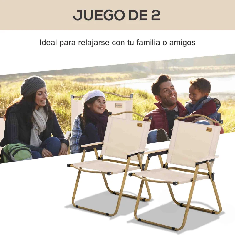 Outsunny Set 2 Sillas de Jardín Plegables con Reposabrazos Sillas para Camping y Playa en Tela Oxford y Acero 54x59x78 cm Caqui
