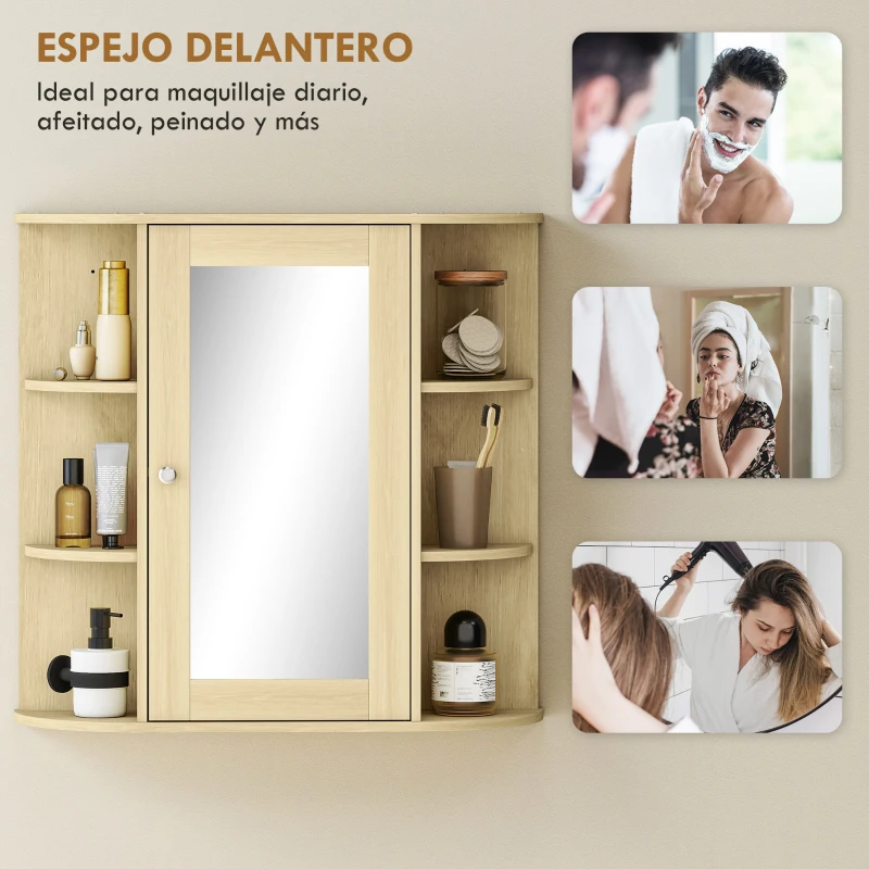 HOMCOM Armario de Baño con Espejo Armario de Pared con Estantes Abiertos 66x17x63 cm Natural