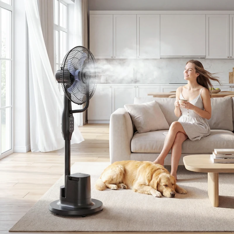 HOMCOM Ventilator cu brumizare silențios 90W pe stativ 128cm oscilație 70° 3 viteze 3 moduri temporizator negru