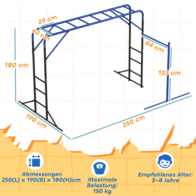 AIYAPLAY Structure d'escalade extérieure Tour d'escalade avec barre de gymnastique et barre de traction pour enfants de 3-8 ans jusqu'à 150kg 250x190x180 cm Noir