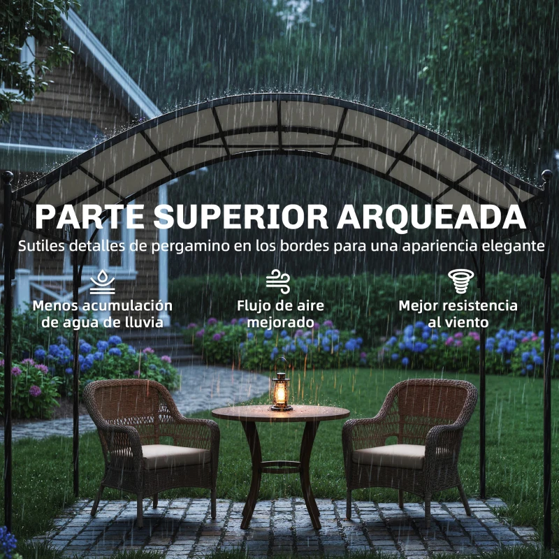 Outsunny Pérgola de Jardín 3x3 m con Dosel UV30+ Estructura de Metal Galvanizado Techo Arqueado Pabellón para Exterior Crema