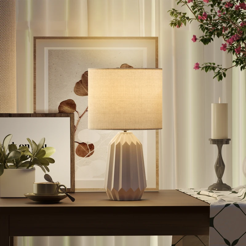 HOMCOM Lámpara de mesa, lámpara de sobremesa, lámpara de mesita con pantalla de lino, interruptor basculante, lámpara de escritorio, 22 x 22 x 39 cm, Blanco