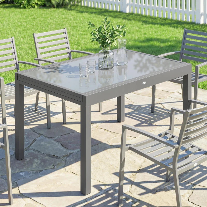 Outsunny Extending Garden Table for 6-10, Aluminium Outdoor Dining Table with Tempered Glass Top, Grey