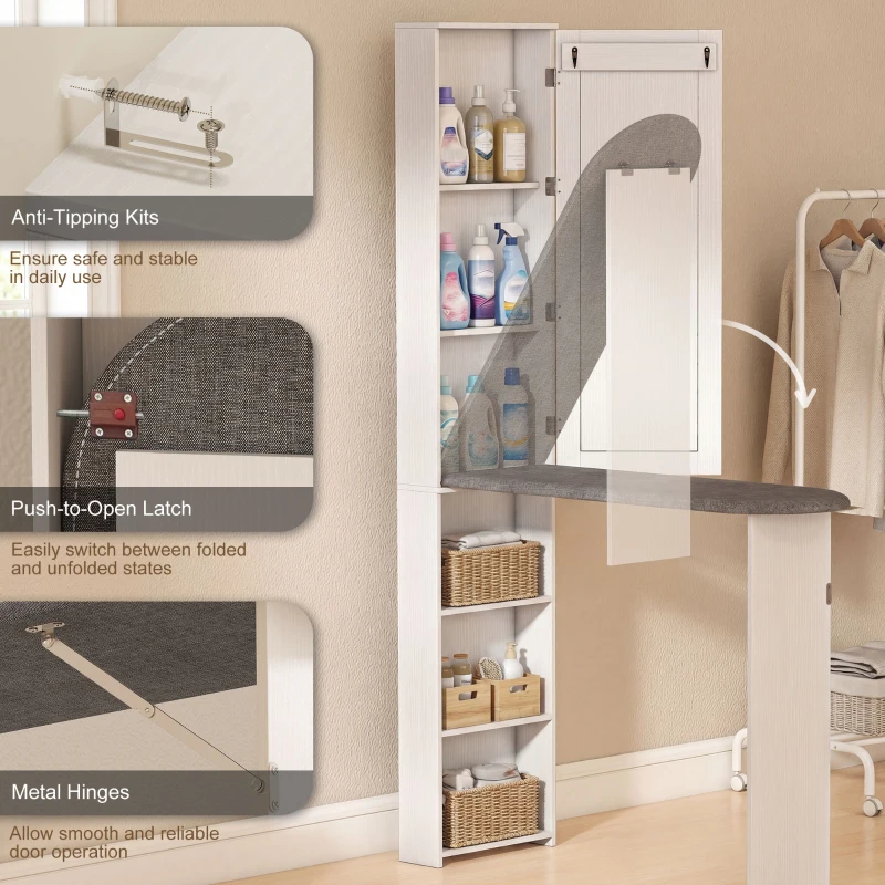 HOMCOM Armoire pliante pour planche à repasser avec porte étagères intérieures miroir Table à repasser gain de place pour entretien du linge 106x35x174 cm Blanc