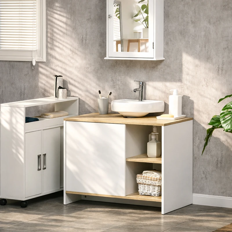 Kleankin Dulap pentru lavoar pentru baie, 77x45x60cm, alb si culoarea lemnului(m-2)