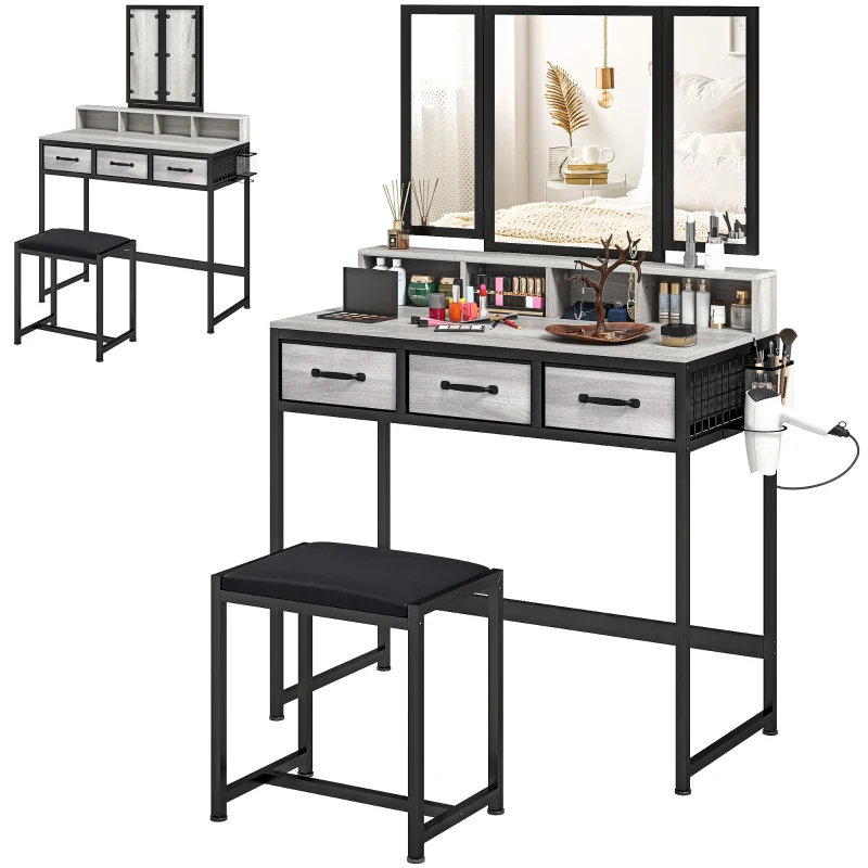 HOMCOM Tocador de Maquillaje con Espejo Tríptico Desmontable Taburete 3 Cajones de Tela Soporte para Secador de Pelo Gris