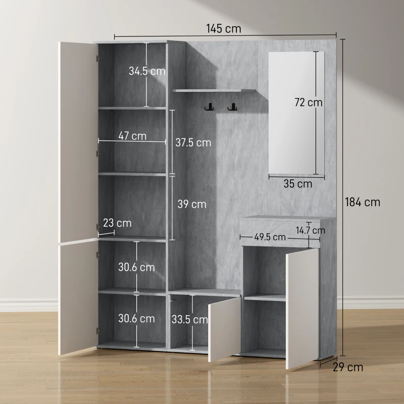 HOMCOM Mobilă de hol 4 în 1 cu oglindă, cârlige și rafturi interioare, din lemn, 145x29x184 cm, gri și alb