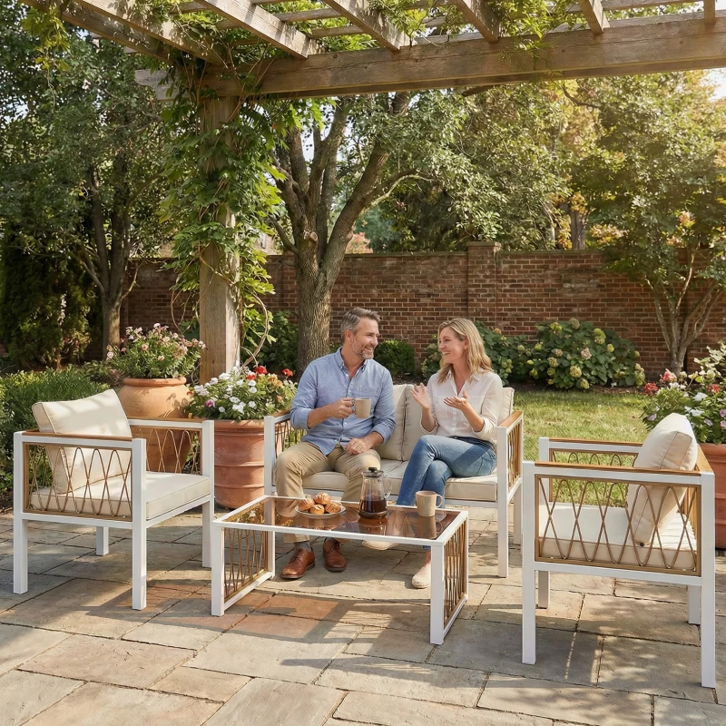 Outsunny Ensemble de jardin 4 pièces en polyrattan, salon avec canapé 2 places, 2 fauteuils, table en verre, coussins amovibles, tapis antidérapant