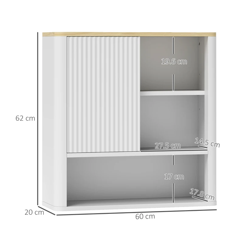 HOMCOM Armadio da Bagno a Parete con Anta Scorrevole, 5 Scomparti e Ripiani Regolabili, 60x20x62 cm, Bianco