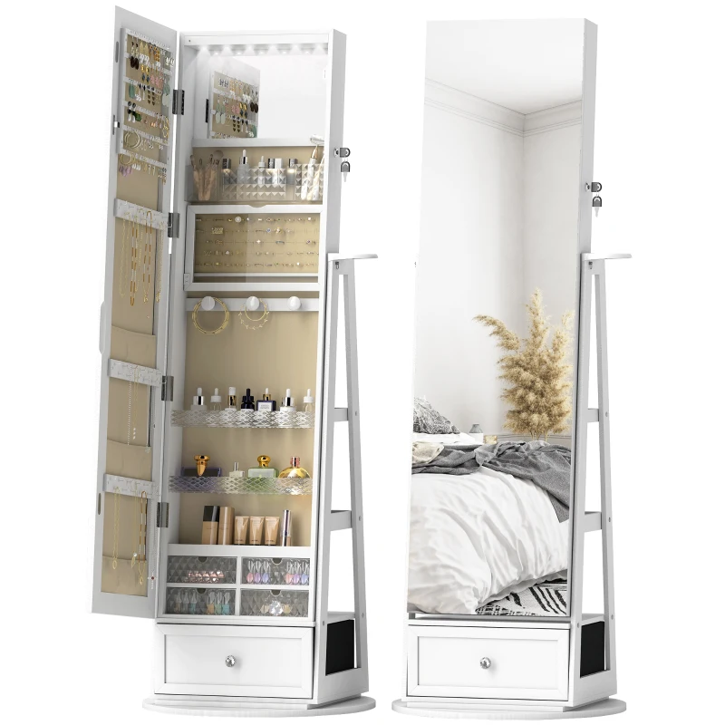 HOMCOM Specchio Portagioie con Luci LED, Armadio Portagioie con Specchio a Figura Intera, Girevole 360° e Cassetto Serratura, Bianco