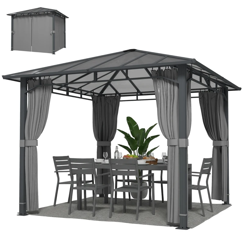 Outsunny Gartenpavillon ca. 3 x 3 m Metall Pavillon mit 6 mm Polycarbonat-Dach 4 Seitenteile, UV50+ Dunkelgrau