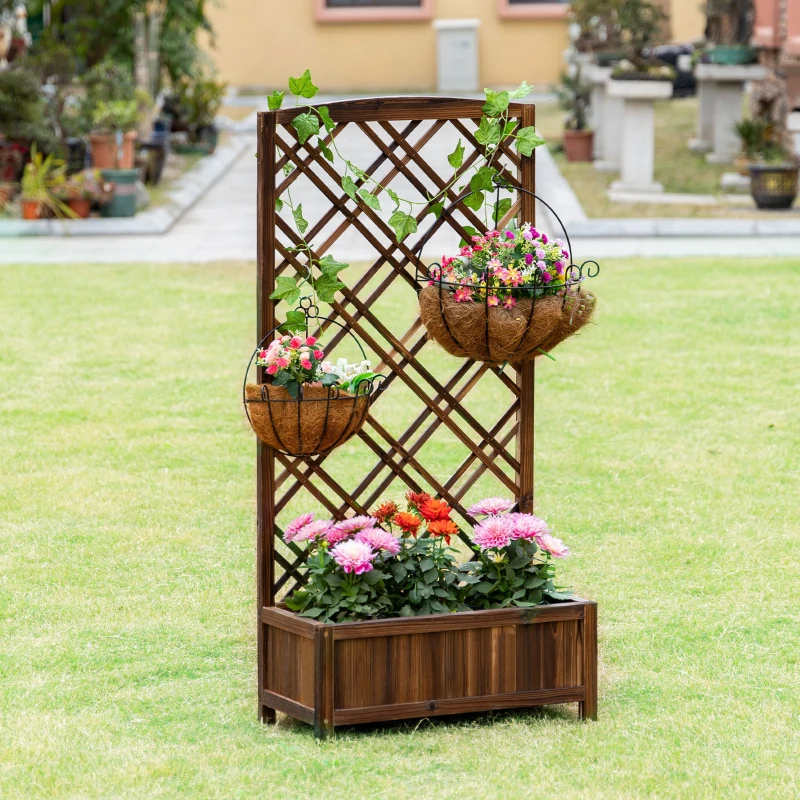 Outsunny Floreira com Treliça de Madeira Caixa de Plantio com Suporte para Plantas Trepadeiras 60x30x122,5cm Marrom
