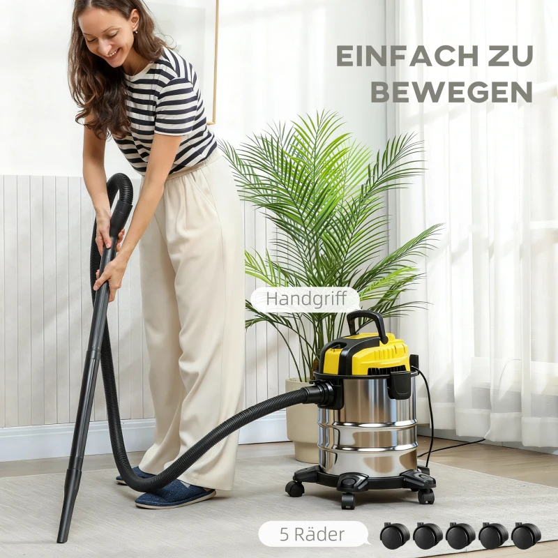 HOMCOM Nass- und Trockensauger, rollbar, 3-faches Filtersystem, 20 L Staubbehälter
