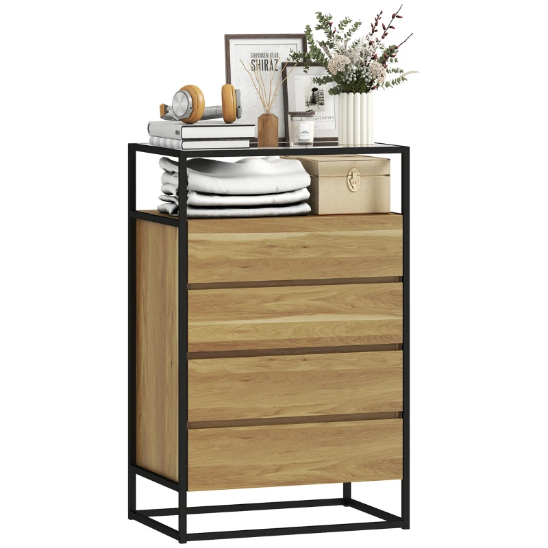 HOMCOM Commode de chambre 4 tiroirs, plateau en verre trempé, étagère ouverte, structure en acier, 60x40x94,5 cm, teck