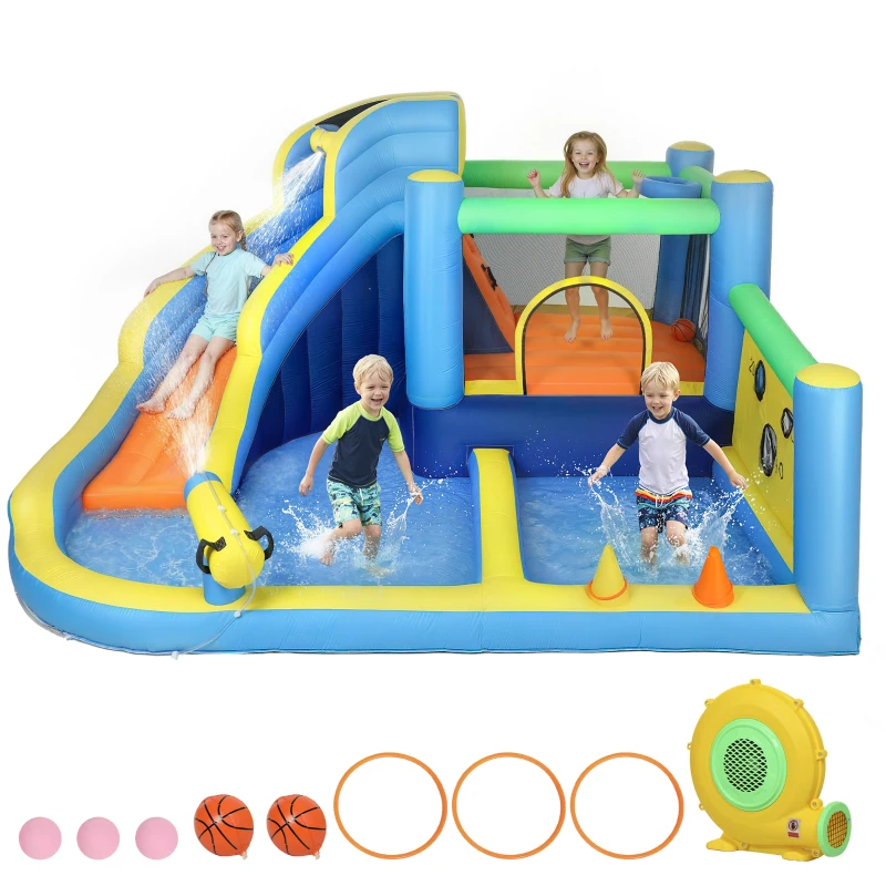 AIYAPLAY Castel gonflabil cu suflător 8 în 1, parc acvatic, tobogan, trambulină, piscină de mingi, Oxford, multicolor