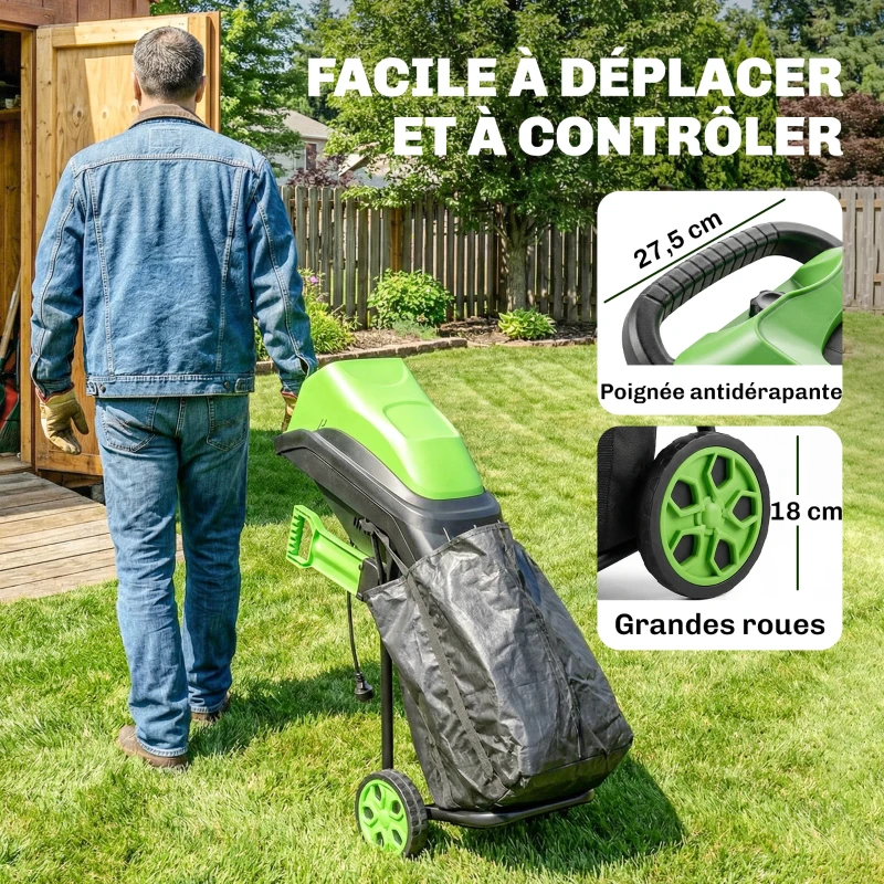 Outsunny Trituratore elettrico 2500 W per rami con sacco raccolta 45 L, Verde