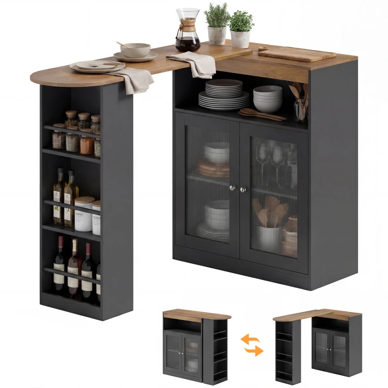 HOMCOM Table de Bar Extensible et Pivotante 90° avec Étagères Ouvertes et 2 Portes en Verre 150x80x105,5 cm Noir et Bois Naturel