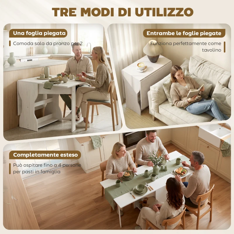 HOMCOM Tavolo da Pranzo Pieghevole per 4 Persone con Ripiano, in Legno, 160x60x75 cm, Bianco