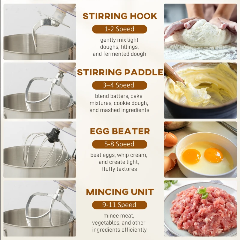 HOMCOM Stand Mixer, 6L 1400W Tilt-Head Food Mixer with 11 Speeds, Pulse & Fermentation Function, LED Display, Cream
