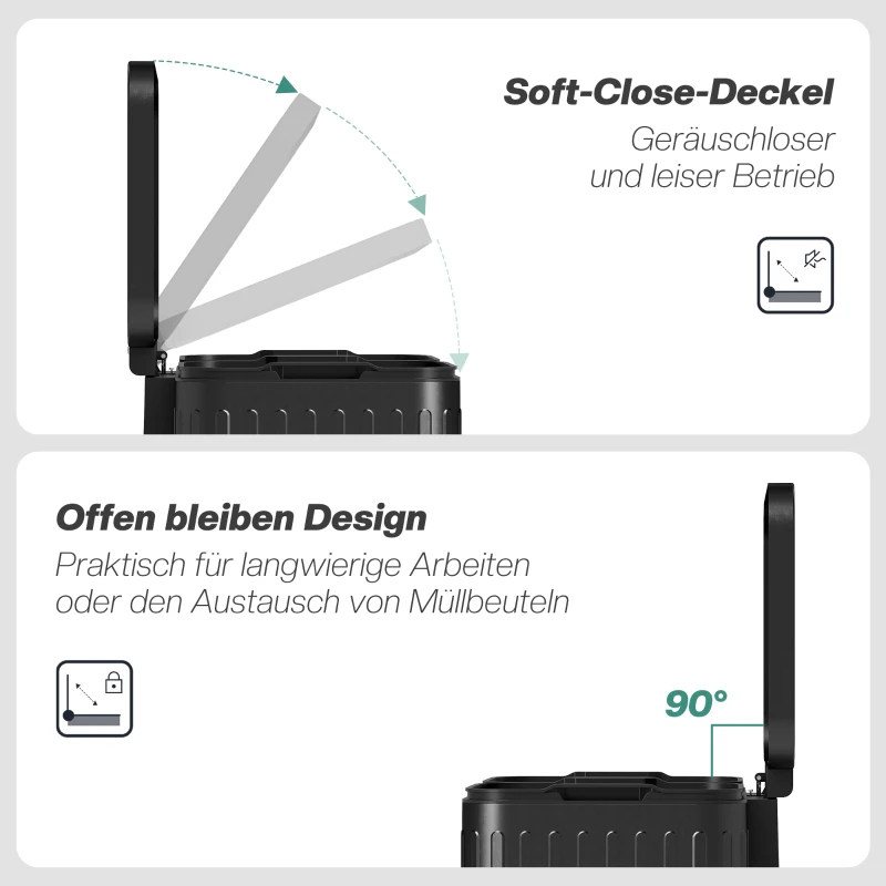 HOMCOM Küchenmülleimer, 2 x 20 L-Fächer, effiziente Mülltrennung, Fußpedal, Kunststoff, Metall, Schwarz