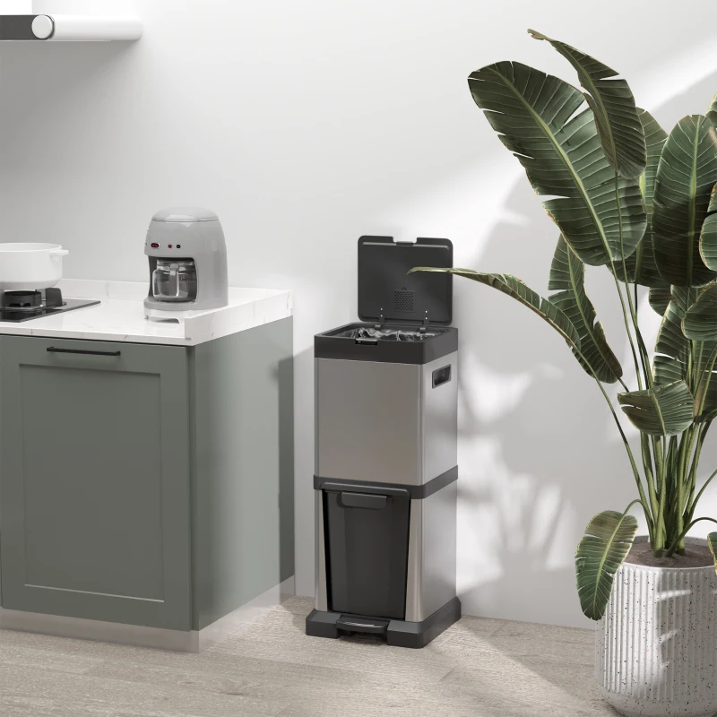 HOMCOM Pattumiera 2 scomparti 20+14 L in acciaio inox con secchi estraibili, Argento