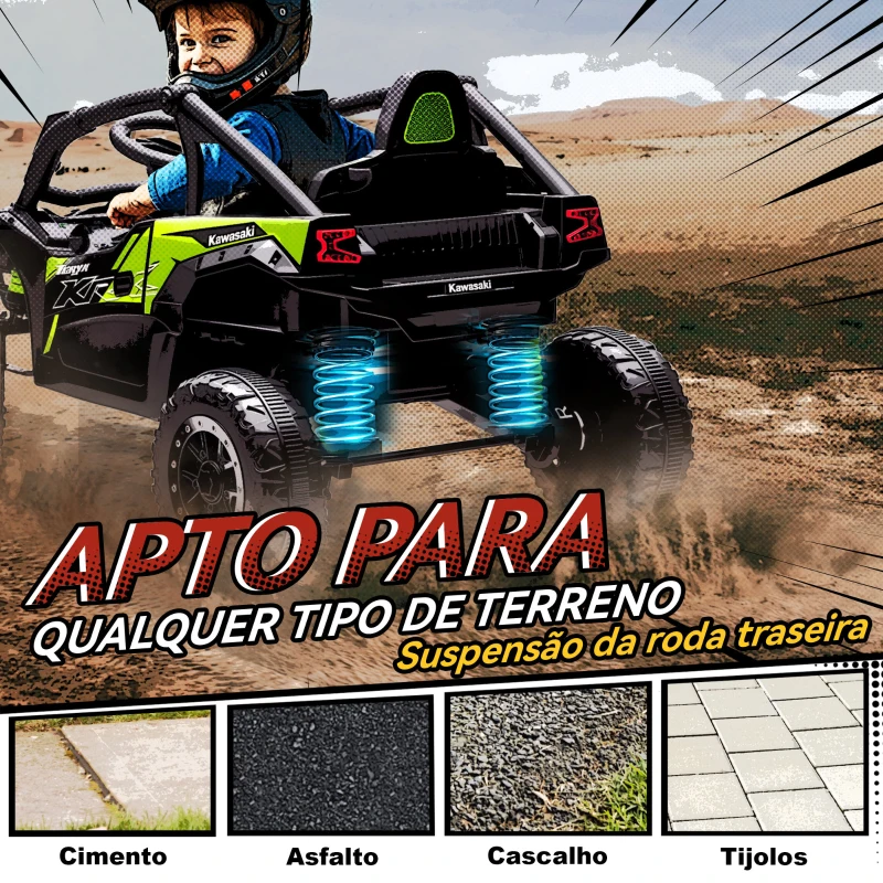 AIYAPLAY Carro Elétrico para Crianças 12V Kawasaki Teryx KRX 1000 com 2 Motores Faróis e USB 100x64x56 cm Preto