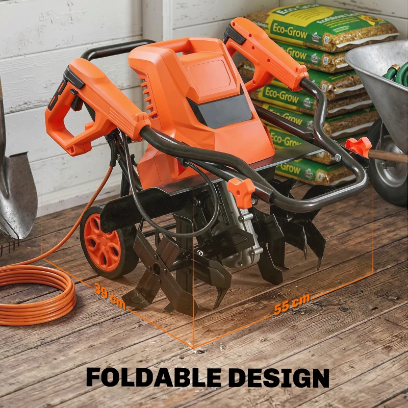 Outsunny 1500W Electric Garden Tiller with Foldable Handle, 40cm Working Width, 9cm Tilling Depth, 6 Blades, 2 Adjustable Wheels