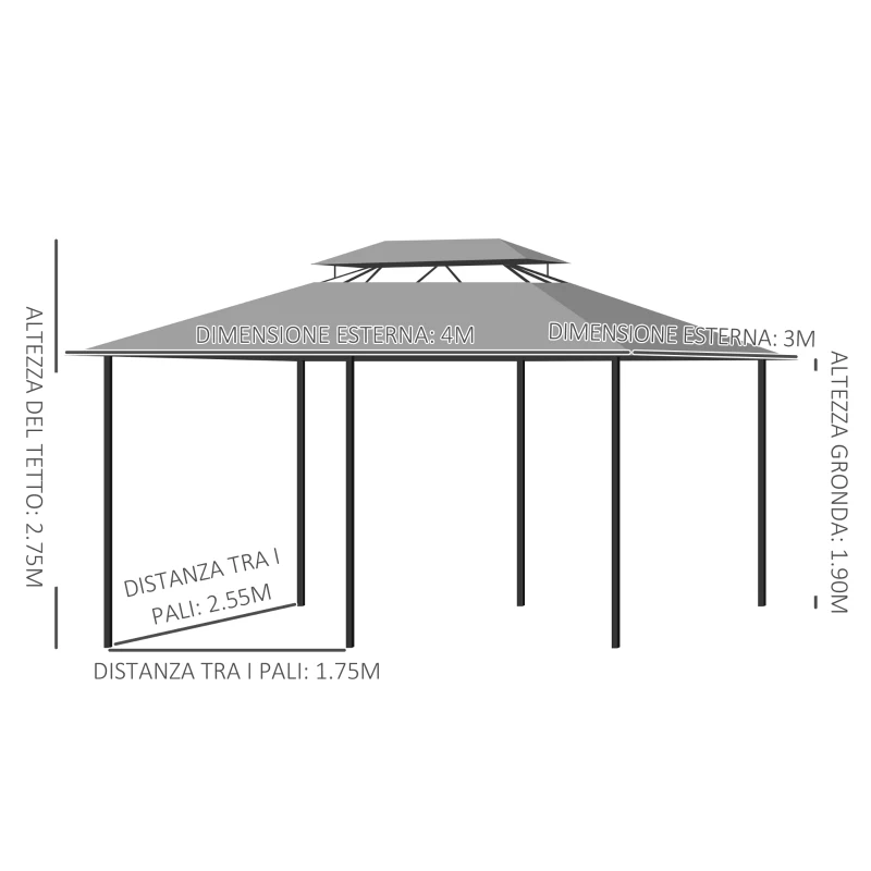 Outsunny Gazebo 4x3 m con 6 Tende e Tetto a 2 Livelli, in Acciaio e Poliestere, Grigio Scuro