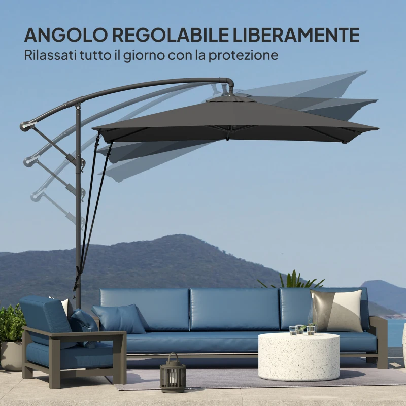 Outsunny Ombrellone a Sbalzo Regolabile con Base a Croce e Manovella, in Acciaio e Poliestere, 247x247x256, Grigio Scuro