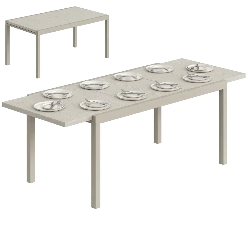 Outsunny Extending Garden Table, Aluminium Outdoor Dining Table for 8-10 with Wood-Like Grained Surface, Light Grey Wood Effect