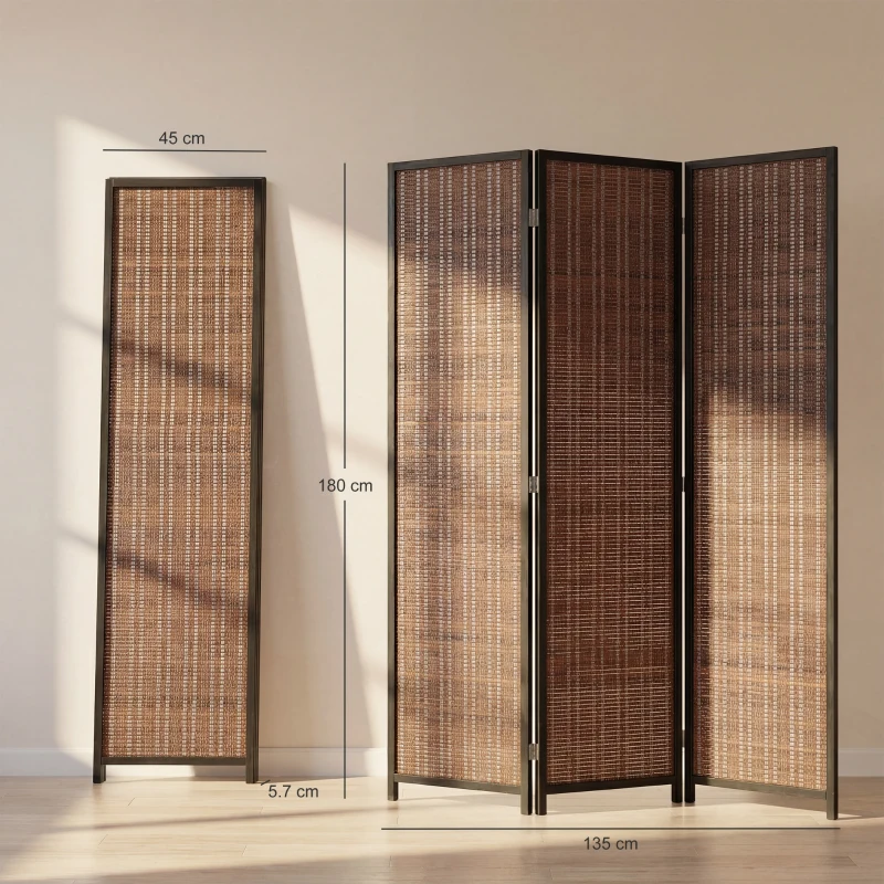 HOMCOM Paravento divisorio pieghevole in legno a 3 pannelli, 135x180 cm, Marrone