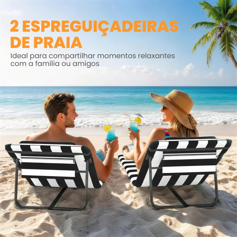 Outsunny Conjunto de 2 Esteiras de Praia Dobráveis com Encosto Ajustável e Encosto Acolchoado, 146x50x2 cm, Cinzento e Branco
