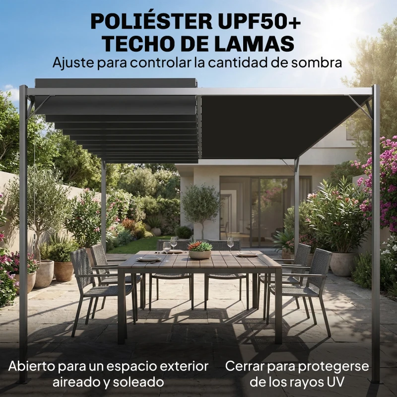 Outsunny Pérgola de Jardín 3x4 m con Protección UPF 50+ Gazebo con Techo Ajustable Estructura de Metal para Exterior Gris Oscuro