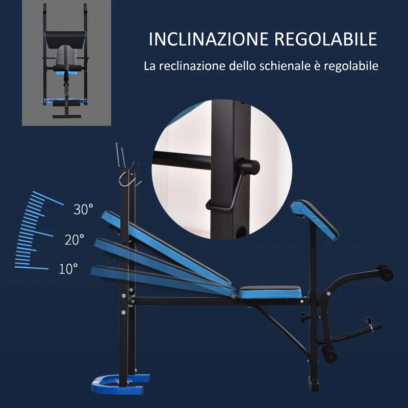 HOMCOM Panca Multifunzione con Supporto Bilanciere e Schienale Regolabile, in Acciaio e PU, 155x56.5x120 cm, Nero e Blu