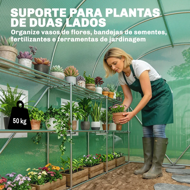 Outsunny Estufa Tipo Túnel 2,8x2x1,9 m com Prateleiras Estufa de Jardim com Porta Enrolável, 6 Janelas de Rede Verde